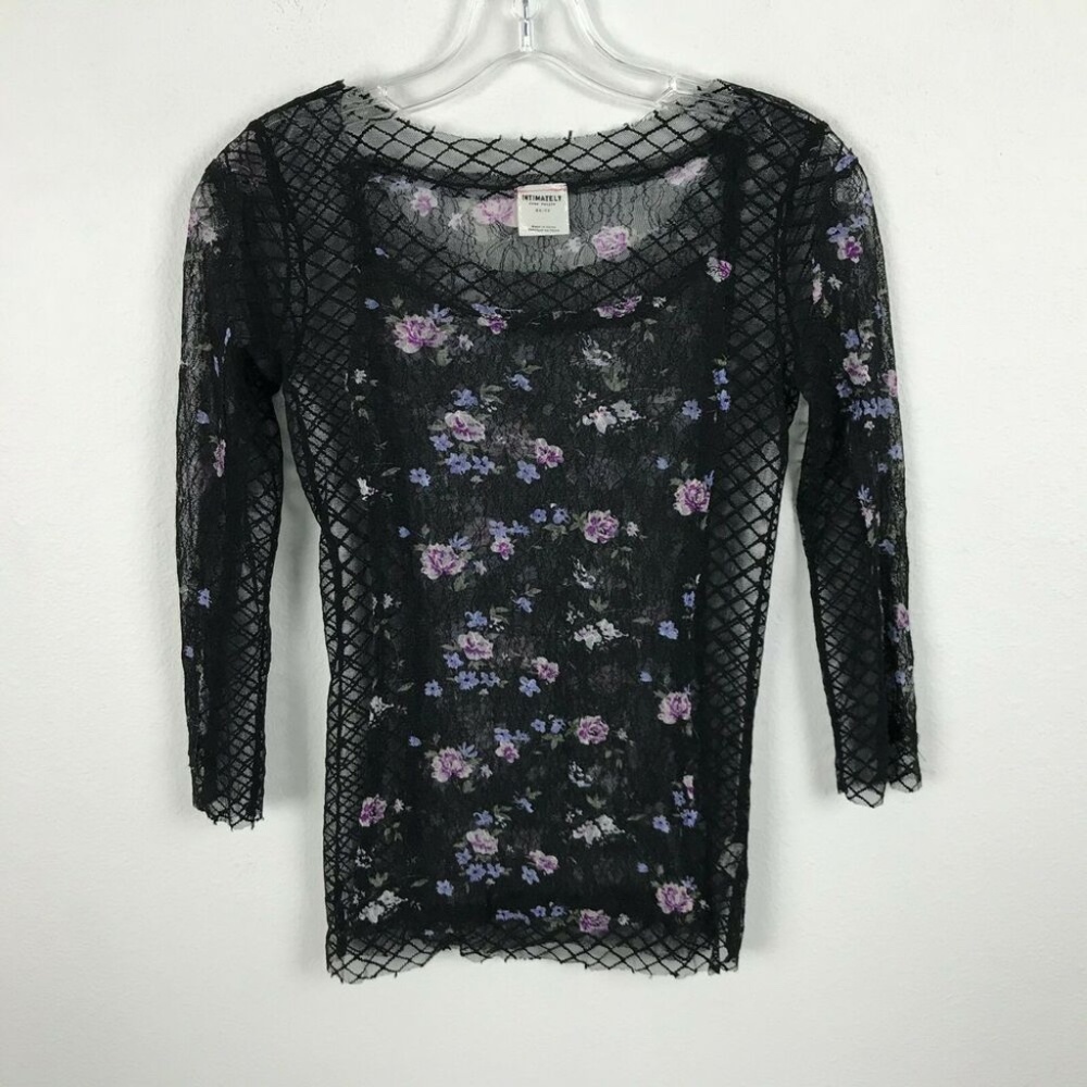 Free People Lace Quarter Sleeve Black Floral Top